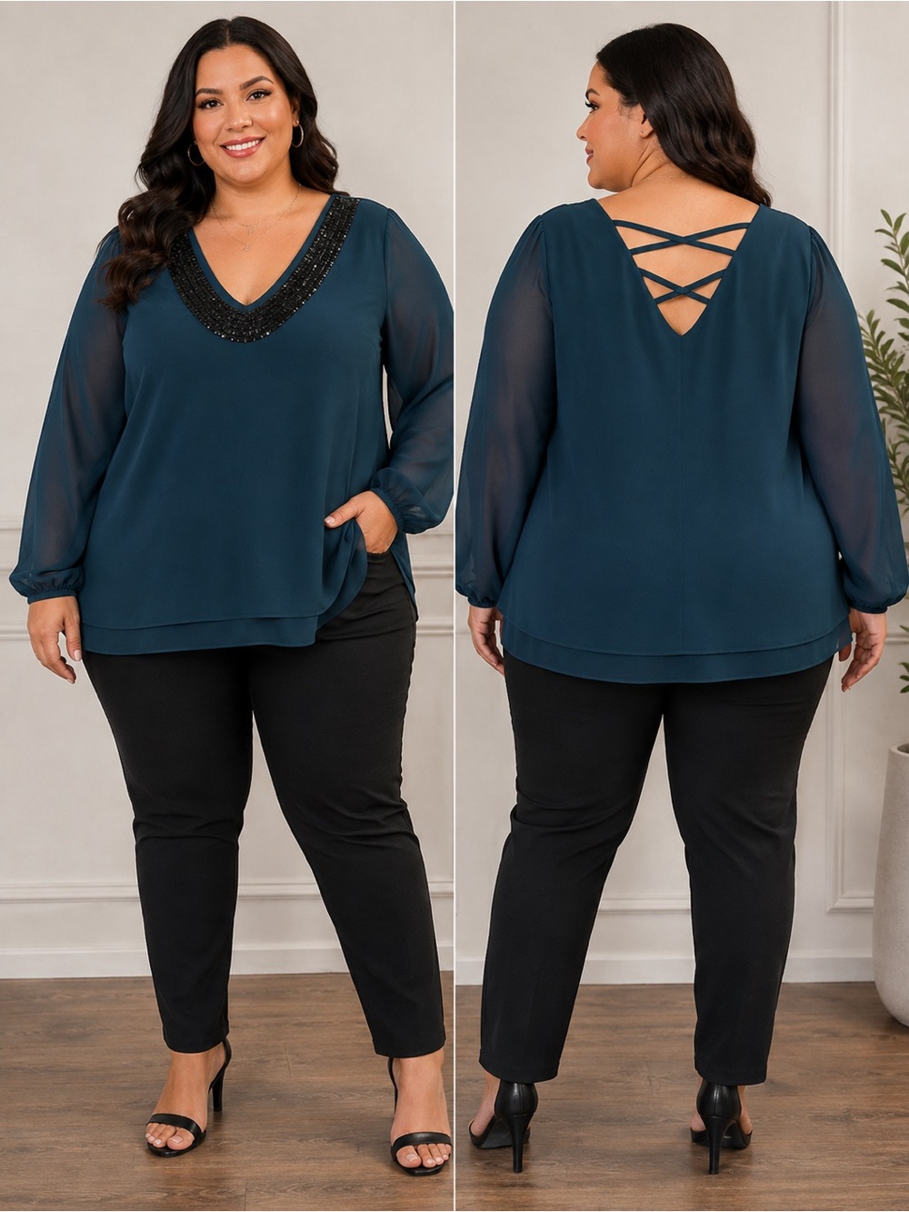 Maurices Teal Blouse with Black Sequin Neckline Plus Size 2 (0X / 14)